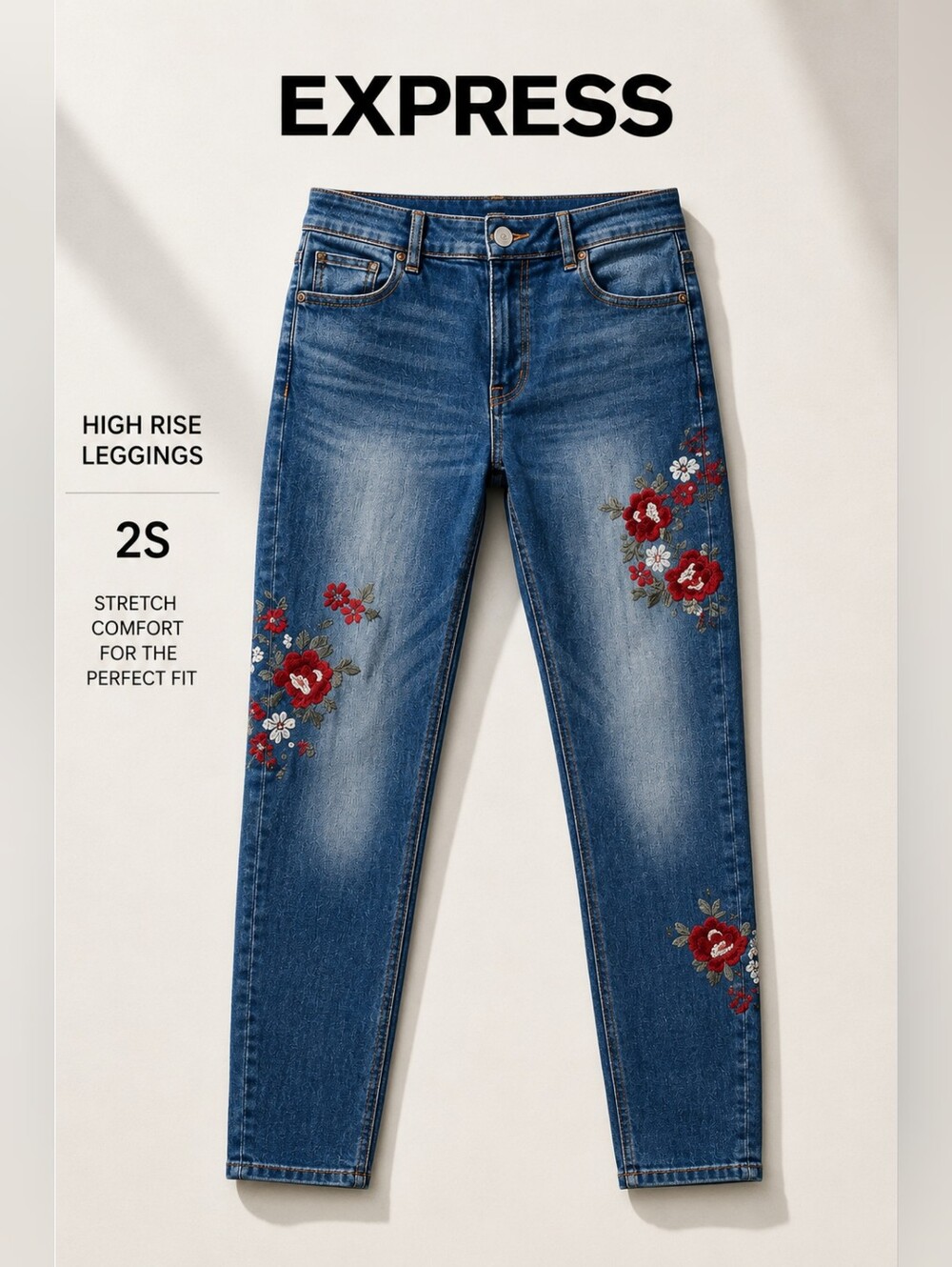 EUC Express Blue Denim High Rise Leggings with Floral Embroidery, Size 2S